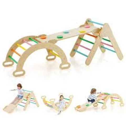 BOXED COSTWAY 3-IN-1 KIDS CLIMBING TOY SET INDOOR WOODEN ARCH CLIMBER & ROCKING HORSE