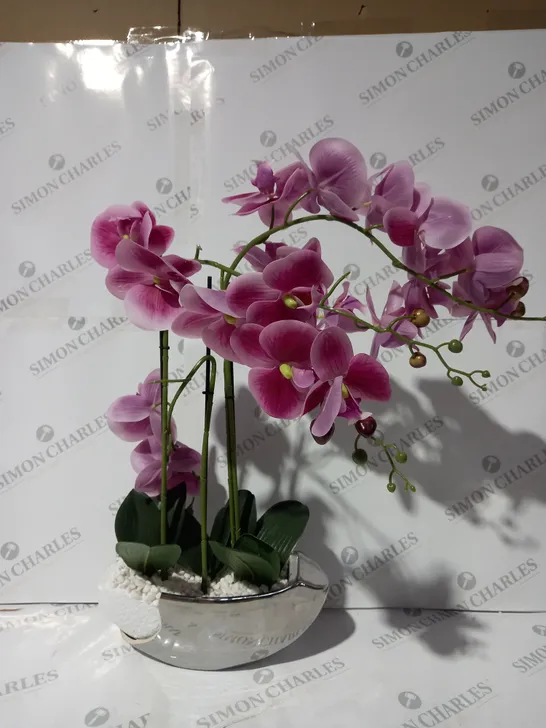 BOXED JM BY JULIEN MACDONALD 3 STEM REAL TOUCH FAUX ORCHID IN CERAMIC METALLIC VESSEL