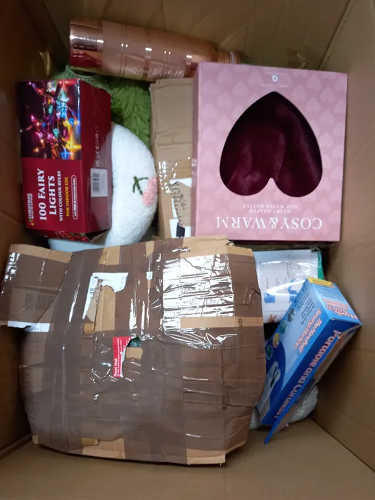 BOX OF APPROXIMATELY 10 ASSORTED ITEMS TO INCLUDE COPPER STYLE BOTTLE, HOT WATER BOTTLE, HAND SEWING MACHINE ETC