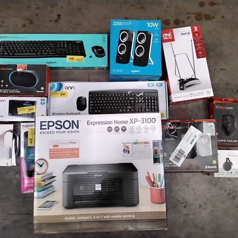 BOX OF ASSORTED ELECTRONIC ITEMS TO INCLUDE LOGITECH Z200 SPEAKERS, BLACKWEB GAMING MOUSE, GOOGLE CHROME CAST, EPSON EXPRESSION HOME XP-3100 PRINTER, MIXX OX1 FOLDABLE HEADPHONES, ONN DAB+/FM RADIO, E