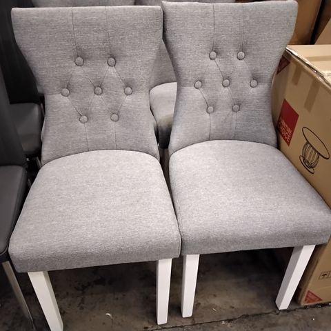 SET OF SIX DESIGNER GREY TWEED FABRIC UPHOLSTERED DINING CHAIR ON WHITE LEGS