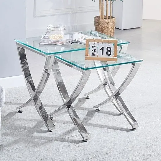 BOXED BRAND NEW VIENNA CLEAR GLASS NEST OF TABLES WITH ANGUKAR CHROME LEGS (2 BOXES)