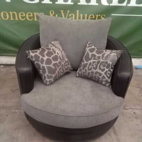 QUALITY DESIGNER SWIVEL ARMCHAIR -  GREY CUSHION/BLACK BASE FABRIC 