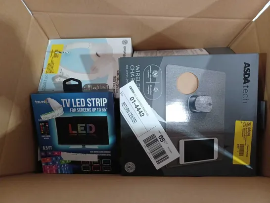 BOX OF APPROX 15 ASSORTED ITEMS TO INCLUDE - WIRELESS EARPHONES - MIXX OX1 HEADPHONES - WIRELESS CHARGING MATT ECT