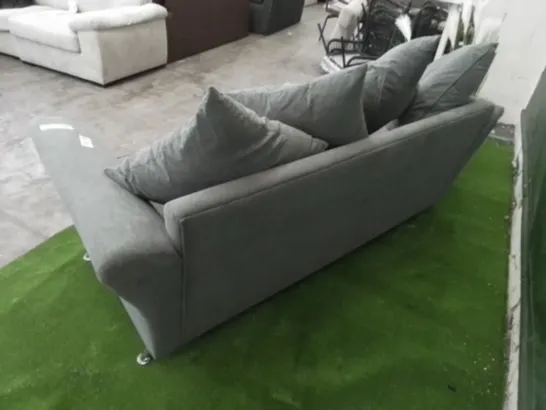 DESIGNER GREY FABRIC THREE SEATER SOFA WITH SCATTER BACK CUSHIONS 