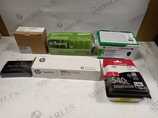 BOX OF 6 ASSORTED INK CARTRIDGES FOR VARIOUS MODELS TO INCLUDE CANON 540L, HP 981YC, LEXMARK C2320K0 ETC