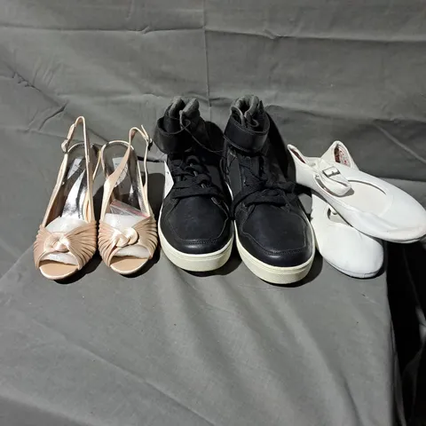 APPROXIMATELY 12 PAIRS OF ASSORTED SHOES TO INCLUDE HEELED SANDALS SIZE 5, TRAINERS SIZE 6