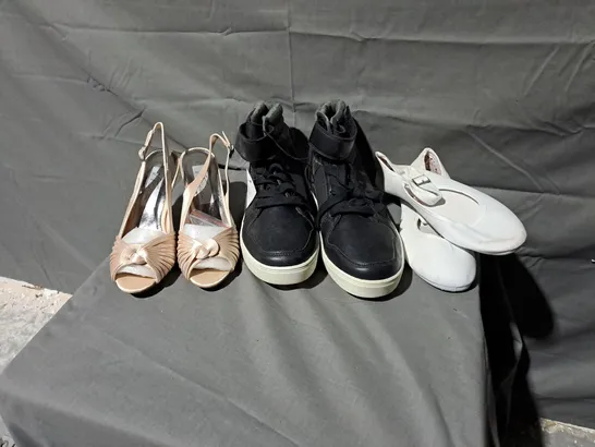 APPROXIMATELY 12 PAIRS OF ASSORTED SHOES TO INCLUDE HEELED SANDALS SIZE 5, TRAINERS SIZE 6