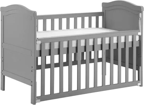 BOXED SOLID WOOD CHILDREN'S BED WITH FOAM MATTRESS - TRANSFORMS INTO A JUNIOR BED - SINGLE-HANDED FALLING MECHANISM - 3 ADJUSTABLE POSITIONS, GRAY (1 BOX)