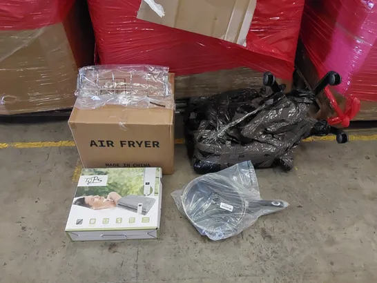 PALLET OF ASSORTED ITEMS INCLUDING: AIR FRYER, ELECTRIC BLANKET, CHAIR, FRYING PAN, COAT HANGER