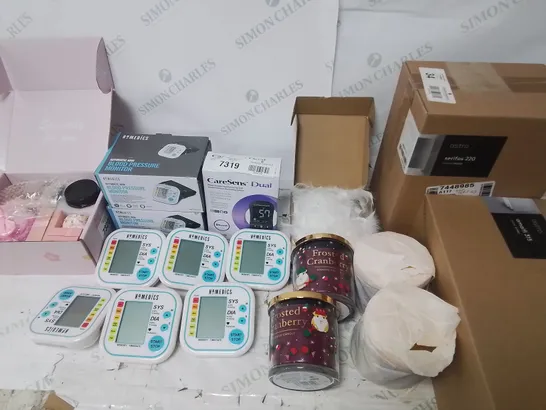 LOT OF APPROXIMATELY 26 ASSORTED ITEMS TO INCLUDE BLOOD PRESSURE MONITOR, SCENTED CANDLES AND WIRELESS KEYBOARD AND MOUSE COMBOS 