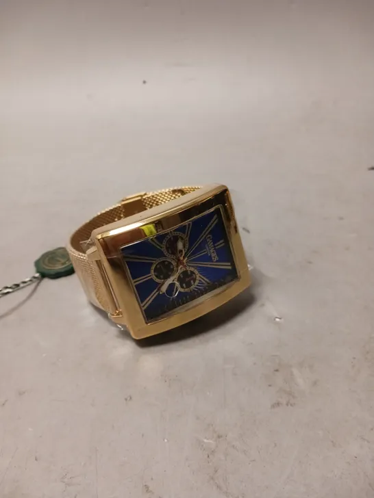 GAMAGES EXCLUSIVE NAVY DIAL GOLD COLOUR CASE WATCH 