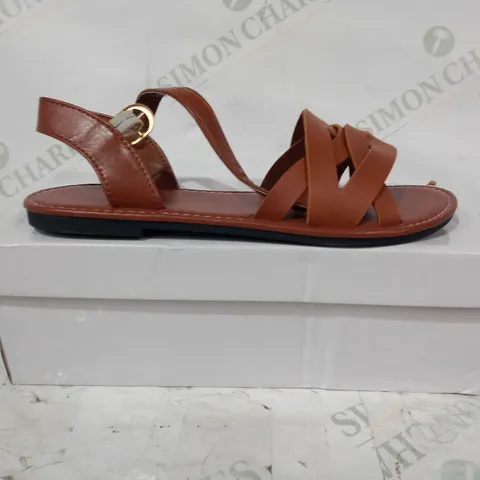 BOXED PAIR OF DESIGNER STRAPPY OPEN TOE SANDALS IN BROWN EU SIZE 38