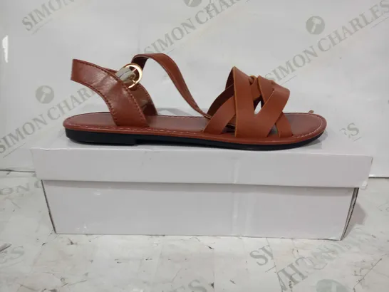 BOXED PAIR OF DESIGNER STRAPPY OPEN TOE SANDALS IN BROWN EU SIZE 38