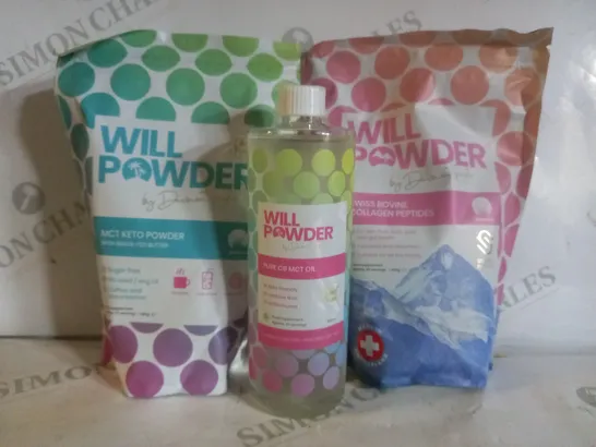 BOX OF 3 ASSORTED WILL POWDER PRODUCTS TO INCLUDE MCT KETO POWDER, PURE C8 MCT OIL, SWISS BOVINE COLLAGEN PEPTIDES 