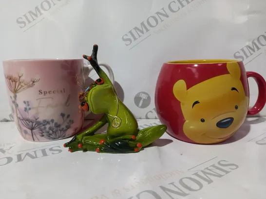 APPROXIMATELY 10 ASSORTED HOUSEHOLD ITEMS TO INCLUDE DECORATIVE YOGA FROG FIGURE, WINNIE THE POOH MUG, SMALL SET OF DISHES, ETC