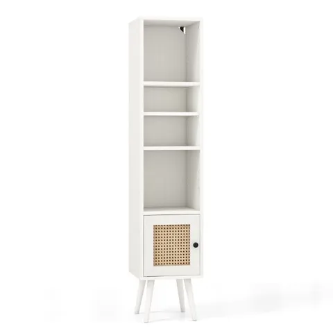 BOXED COSTWAY FREESTANDING SLIM CABINET WITH RATTAN DOOR AND SOLID WOOD LEGS - WHITE