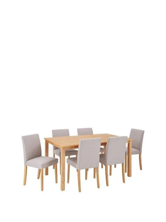 BOXED PRIMO 150CM & 6 FABRIC CHAIRS - GREY & OAK (3 BOXES)