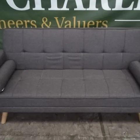 DESIGNER GREY FABRIC CLICK CLACK SOFABED WITH SQUARE PANEL DETAIL