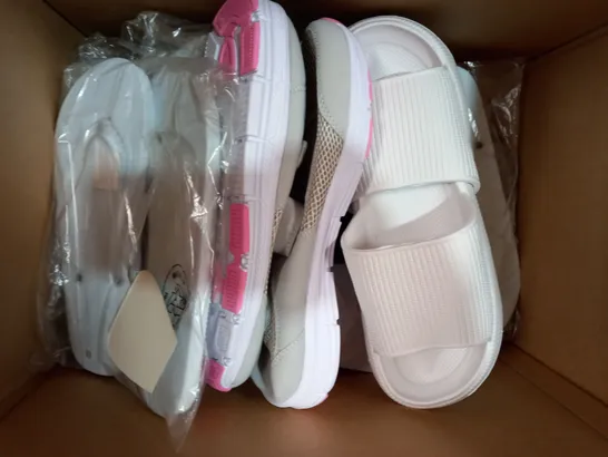 BOX OF APPROXIMATELY 10 ASSORTED PAIRS OF SHOES IN VARIOUS STYLES AND SIZES TO INCLUDE DUNLOP, BIRKENSTOCK, NEW LOOK, ETC