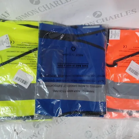 APPROXIMATELY 5 ASSORTED HI-VIS SAFETY VESTS IN VARIOUS COLOURS AND SIZES