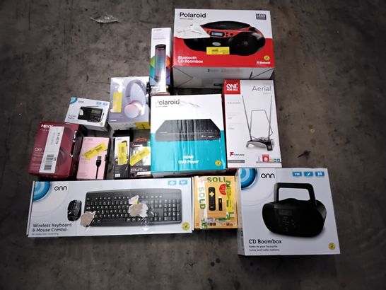 BOX OF ASSORTED ELECTRONIC ITEMS TO INCLUDE POLAROID CD BOOMBOX, NOW TV SMART STICK, ONE FOR ALL AERIAL, MIXX WIRELESS HEADPHONES, JVC GUMY WIRED EARPHONES, ETC