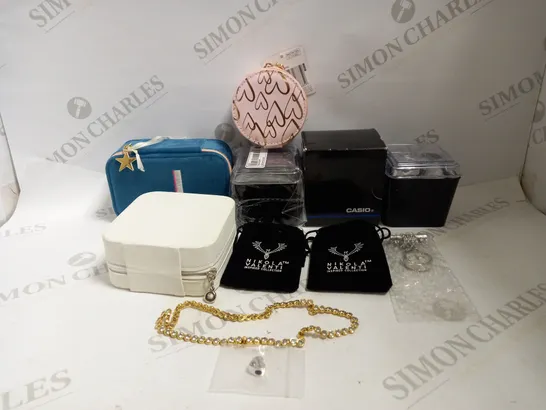 LOT TO CONTAIN APPROXIMATELY 30 ASSORTED JEWELLERY & WATCHES, INCLUDES NECKLACES, WATCHES & JEWELLERY BOXES 