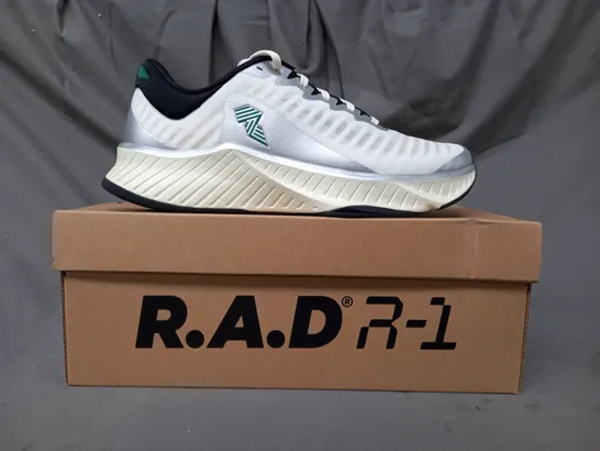 BOXED PAIR OF R.A.D. R-1 SHOES IN WHITE/METALLIC SILVER/GREEN UK SIZE 9.5