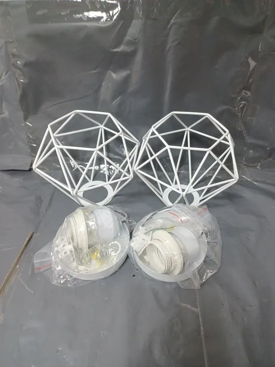 SET OF 2 WIRE CAGE STYLE DIAMOND SHAPED LIGHT SHADES WITH FITTINGS WHITE