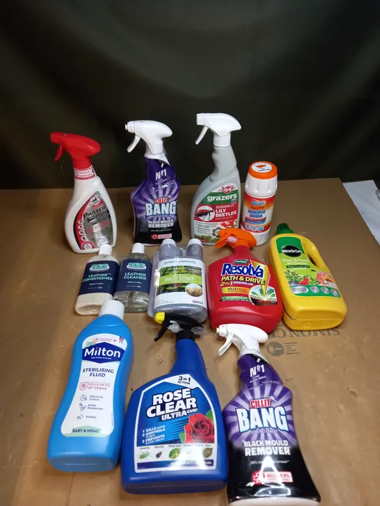 LOT OF ASSORTED HOUSEHOLD ITEMS TO INCLUDE CILIT BANG, LEATHER CLEANER AND BAKING SODA 