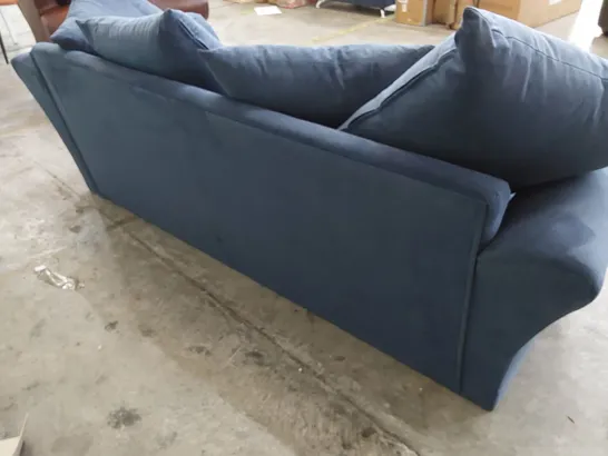 DESIGNER THREE SEATER SOFA WITH SCATTER CUSHIONS BLUE PLUSH FABRIC 