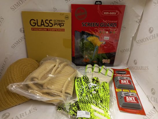 LOT OF APPROXIMATELY 10 ASSORTED HOUSEHOLD ITEMS TO INCLUDE TABLET SCREEN PROTECTORS, ANT BAIT STATION, DECORATIVE BAG ETC
