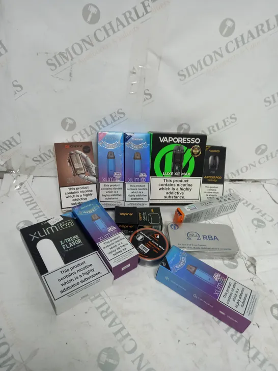 BOX OF APPROXIMATELY 10 ASSORTED E-CIG PRODUCTS TO INCLUDE ASPIRE, OXVA, VAPORESSO ETC