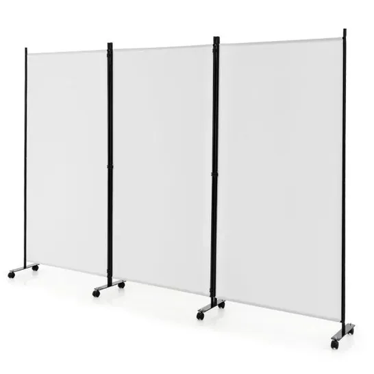 BOXED COSTWAY 180cm FREESTANDING ROOM DIVIDER 3 PANEL ROLLING PRIVACY SCREENS FOR INDOOR - GREY