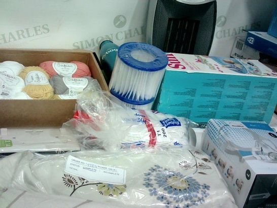 BOX OF APPROXIMATELY 16 ASSORTED ITEMS TO INCLUDE A KNITTING COTTON SET, A RIGID WALL POOL AND A PAIR OF STANLEY TAPE MEASURES