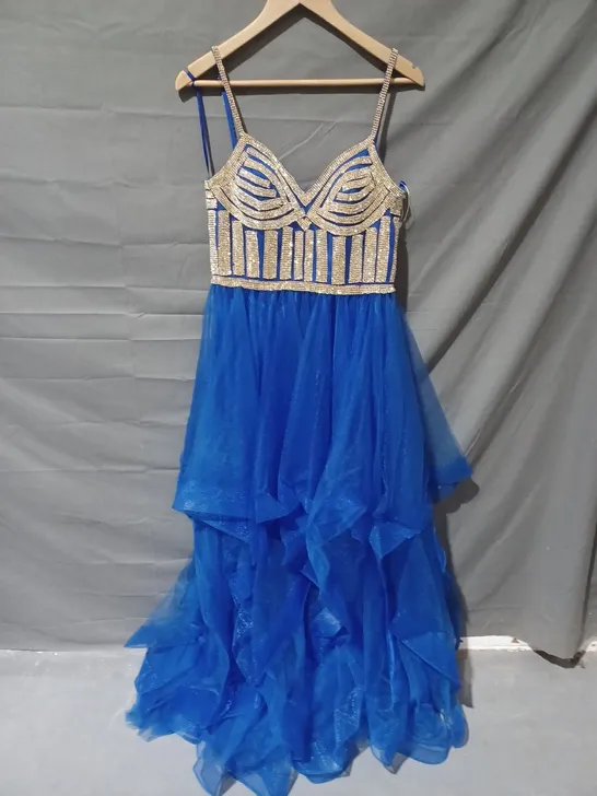 UNBRANDED TIE BACK FAUX CRYSTAL DETAIL RUFFLED MESH BOTTOM DRESS IN BLUE  - SIZE UNSPECIFIED