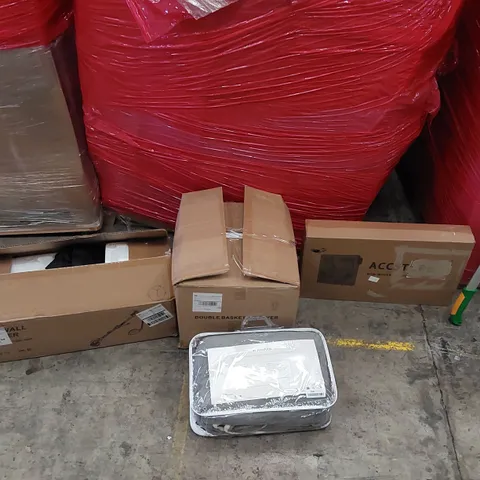 PALLET OF ASSORTED ITEMS INCLUDING: AIR FRYER, DRYWALL SANDER, ELECTRIC BLANKET, FABRIC WARDROBE, BRANCH CUTTERS 