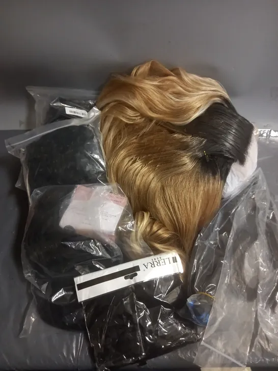 APPROXIMATELY 10 ASSORTED HAIR PIECES AND WIGS