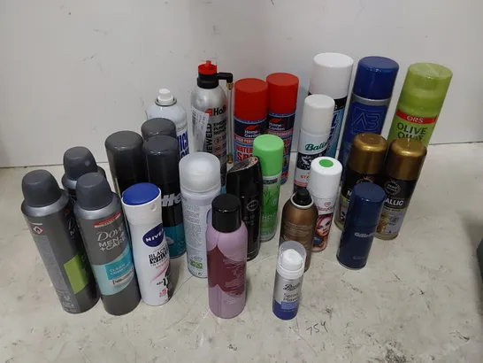 TWO TOTES OF ASSORTED AEROSOLS INCLUDING, LYNX, DOVE DEODORANTS, HAIR COLOURS, WATERPROOF SPRAY, METALLIC PAINT, OLIVE OIL SPRAY, TYREWELD. 