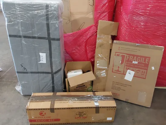 PALLET OF ASSORTED CONSUMER GOODS AND FURNITURE PRODUCTS TO INCLUDE; ALPHA CAMP CAMPING CHAIR, SMALL DOUBLE FOLDING MATTRESS, LED MIRROR, STEAM CLEANER, LIGHTED ARTIFICIAL BIRCH TREE ECT.