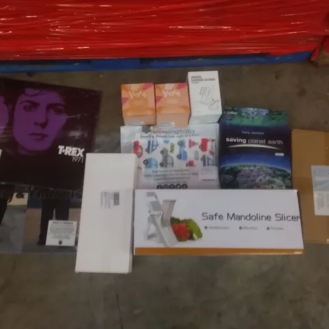 PALLET OF ASSORTED ITEMS INCLUDING SAFE MANDOLINE SLICER, VERA SUNBED CREAM, VINYL ALBUMS, SAVING PLANET EARTH BOOK, WHITE BRIDE DECORATION SUIT, PORTABLE PAPER BAGS 