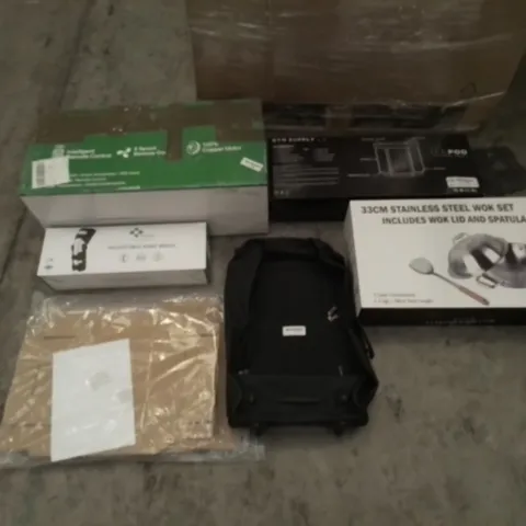 PALLET OF UNPROCESSED ITEMS TO INCLUDE GYM SUPPLY ICEPOD, ADJUSTABLE KNEE BRACE, AND STAINLESS STEEL WOK SET