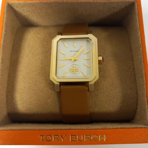 BOXED TORY BURCH THE ROBINSON ANALOGUE TAN LEATHER WRIST WATCH