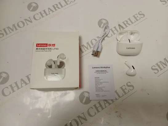 BOXED LENOVO THINKPLUS WIRELESS EAR BUDS - MODEL LP40 - WITH CHARGING DOCK, USB CABLE AND INSTRUCTIONS