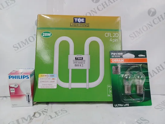 APPROXIMATELY 10 ASSORTED HOUSEHOLD ITEMS TO INCLUDE OSRAM P21/5W CAR BULB, TBE LIGHTING CFL2D, PHILIPS 40W OVEN BULB, ETC