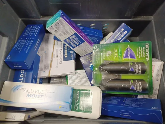 BOX TO CONTAIN APPROX. 25 X ASSORTED VISION CARE & HEALTH CARE PRODUCTS. INCLUDES PACKS OF CONTACT LENSES, CONTACT LENSES CLEANING SOLUTION & NICORETTE SPRAY. - COLLECTION ONLY