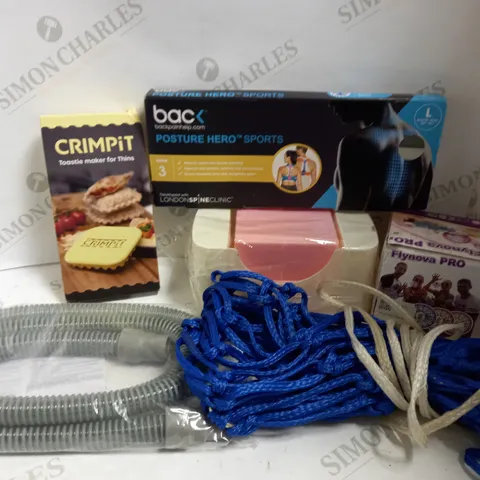 BOX OF APPROX 10 HOUSEHOLD ITEMS TO INCLUDE CRIMPIT SANDWICH MAKER, POSTURE HERO AND TOILET BRUSH