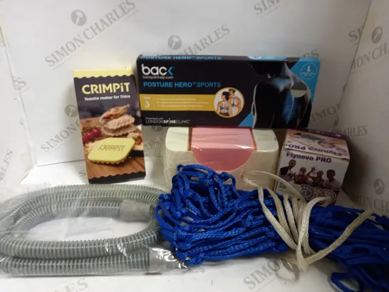 BOX OF APPROX 10 HOUSEHOLD ITEMS TO INCLUDE CRIMPIT SANDWICH MAKER, POSTURE HERO AND TOILET BRUSH