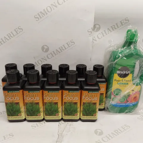 BOX OF 11X 300ML BRAND NEW PALM FOCUS, 1X 1L BRAND NEW MIRACLE GROW POUR & FEED PLANT FOOD
