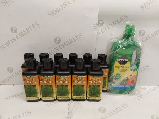 BOX OF 11X 300ML BRAND NEW PALM FOCUS, 1X 1L BRAND NEW MIRACLE GROW POUR & FEED PLANT FOOD